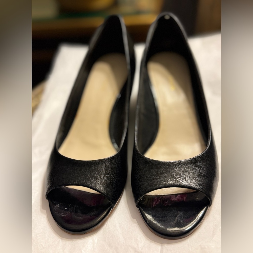 Cole Haan 1.5” Black Leather Wedge Peep Toes SIZE 5